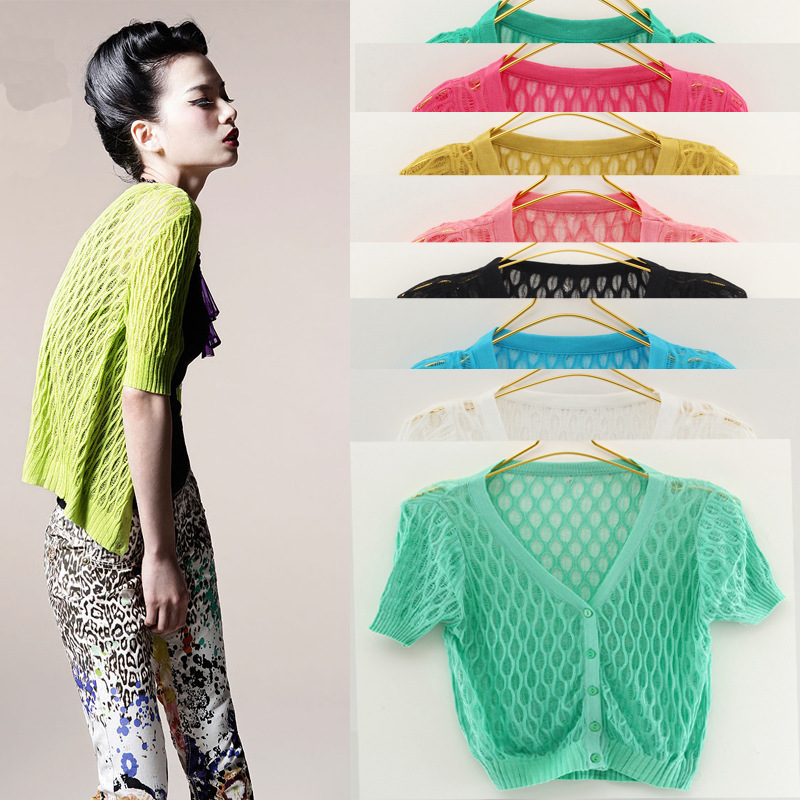 夏天纯色欧美风半袖<em>针织衫</em>女短<em>开衫</em>薄款罩衫女