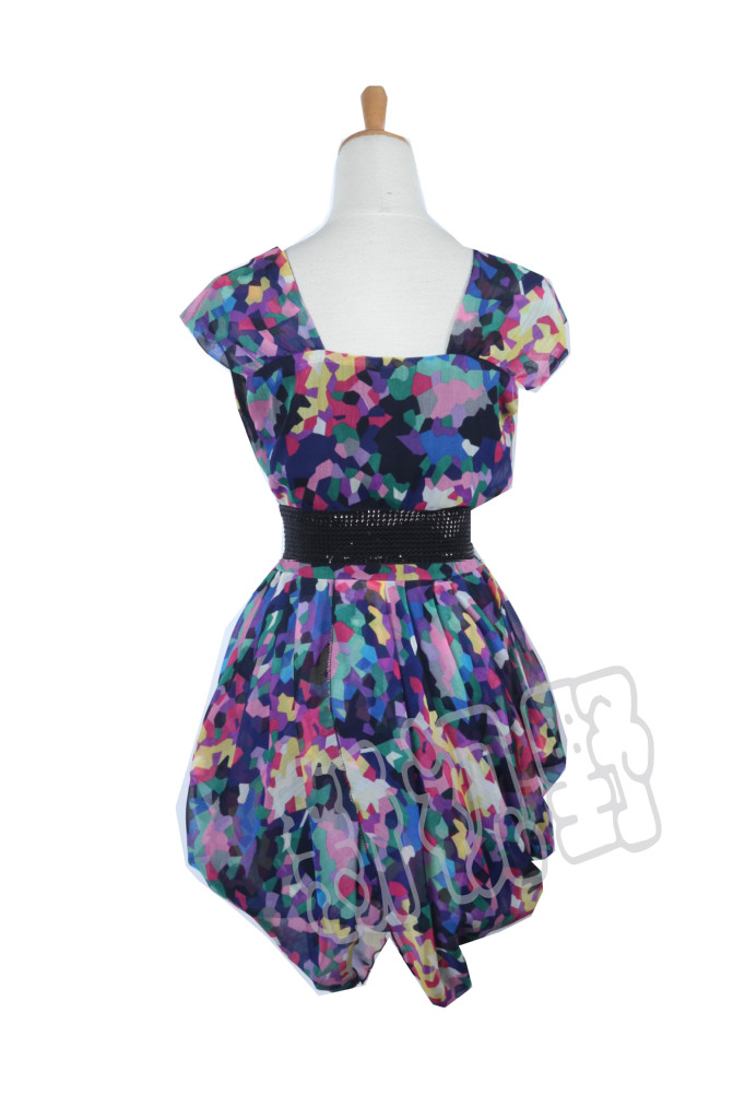 12D064紫色深V领无袖短裙方块拼接褶皱雪纺