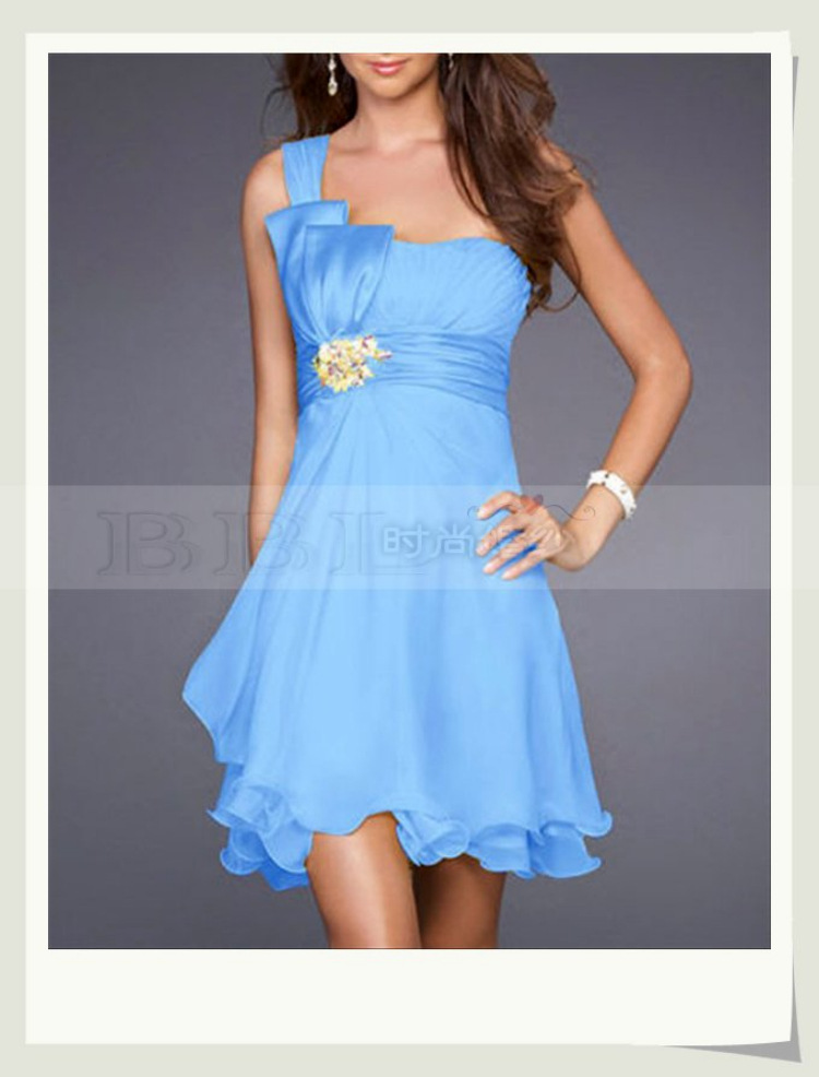 批发欧美高档短款礼服玫红色雪纺短裙婚礼伴娘