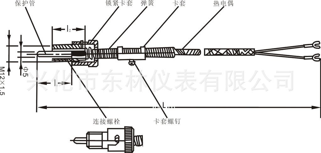 wret,型热电偶的结构如图所示,由保护管,安装螺栓,锁紧卡套,弹簧