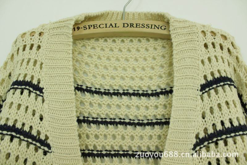 批发采购女式<em>毛衣</em>-6680 <em>编织</em>条纹<em>缕空毛衣开衫</em>
