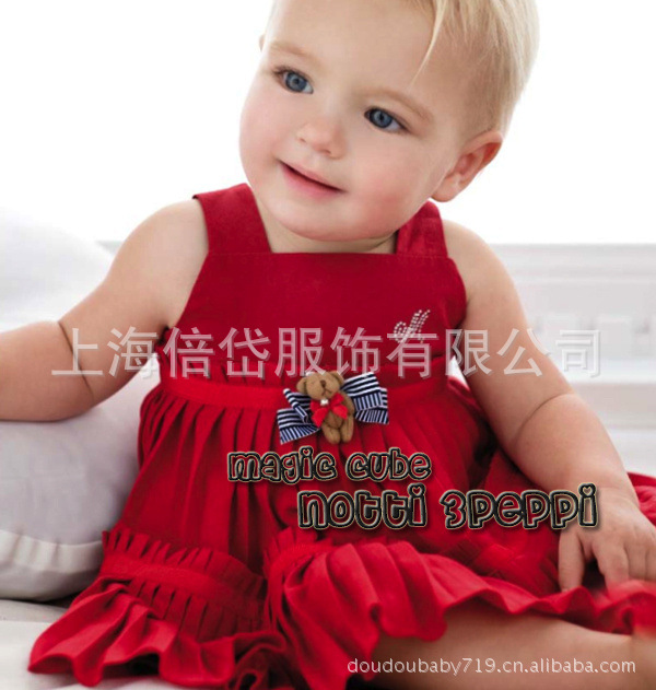 童装女裙连衣裙红色欧版折叠洋裙休闲夏季女童