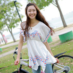 2012夏季新款海军风绣花时尚小V领收腰短袖 连衣裙*3960