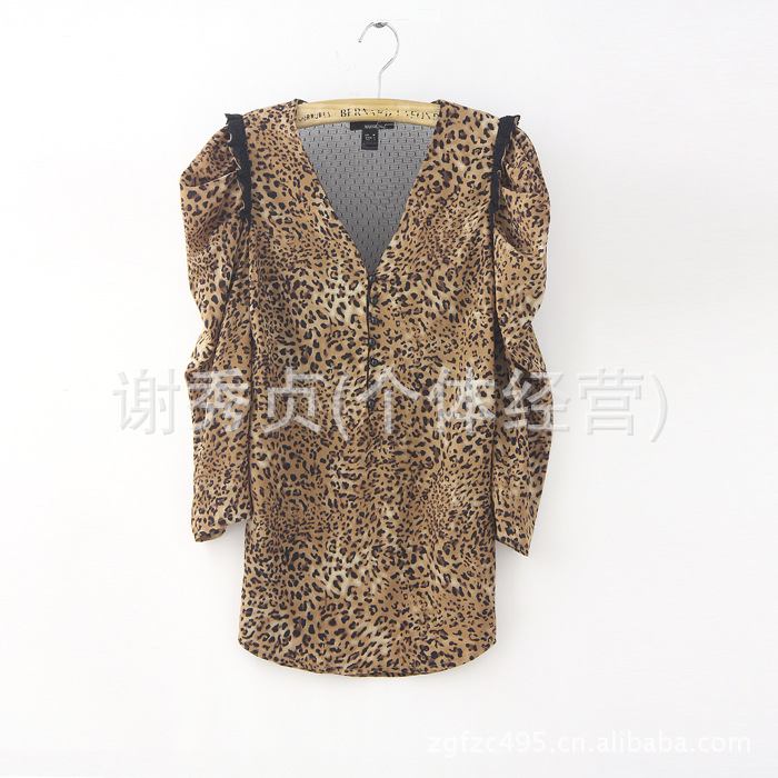 2012春夏新款 韩版时尚V型领豹纹肩膀泡泡蕾