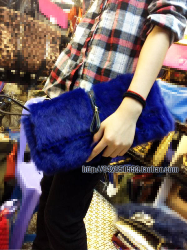 拉鏈裝飾高端兔毛皮草手拿包單肩包女包