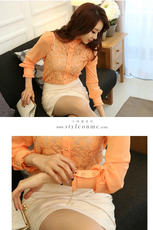 【日系风蕾丝拼接镂空<em>长袖衬衫</em>小<em>立领开衫荷叶</em>