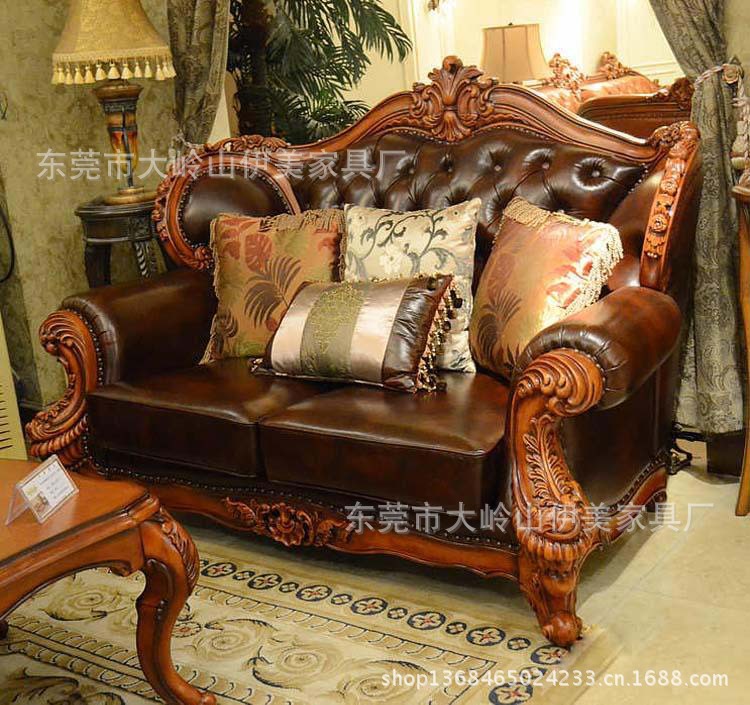 【厂家直销 批发家具 欧式实木真皮沙发组 美式