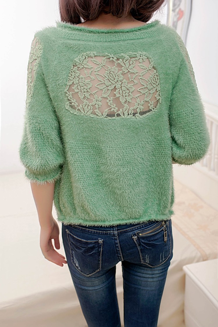 装新款韩版女装马海毛蕾丝袖七分袖披肩<em>毛衣</em>针