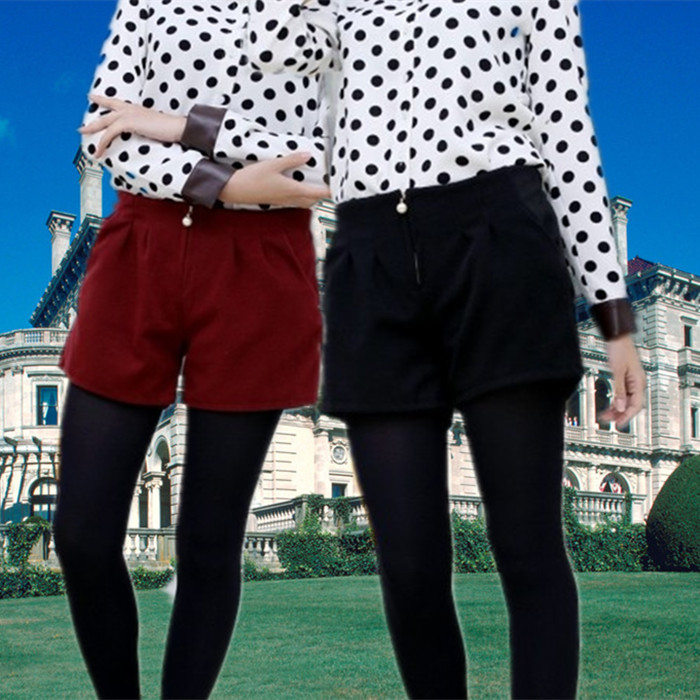 韩版大码显瘦秋冬<em>毛呢短裤</em>珍珠拉链褶皱<em>阔腿</em>裤