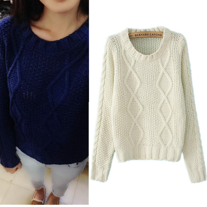 2013秋冬新款 韩版文艺<em>圆领长袖</em>短款粗线<em>毛衣</em>