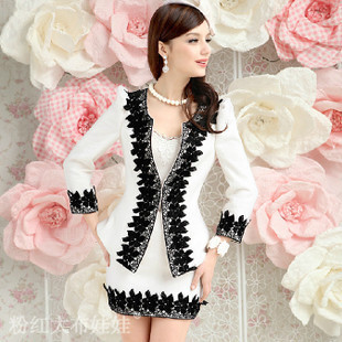 白色黑花邊優雅包臀毛呢半身裙 羊毛呢子短裙 免運費