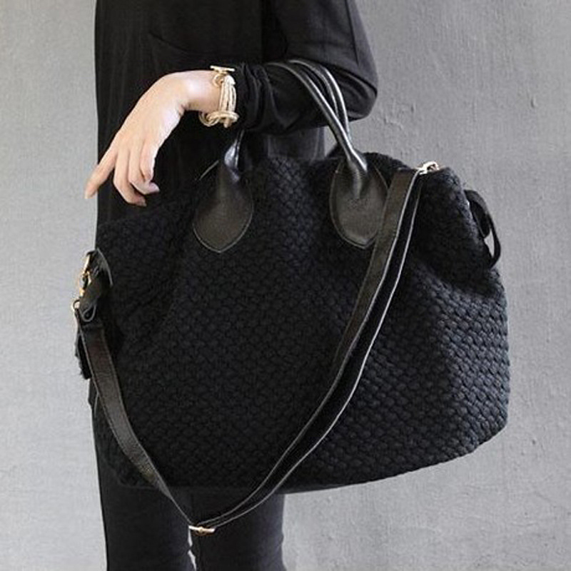 欧美<em>品牌</em>秋冬<em>真皮女包</em> 毛编织拼接手提包 休闲