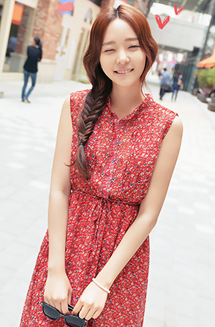 8028#韓國原單夏裝新款 復古紅雪紡連衣裙 碎花連衣裙 配腰帶工廠,批發,進口,代購