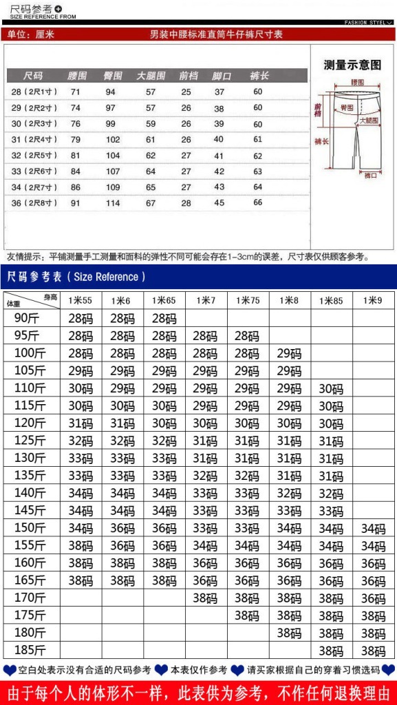 中褲尺碼表