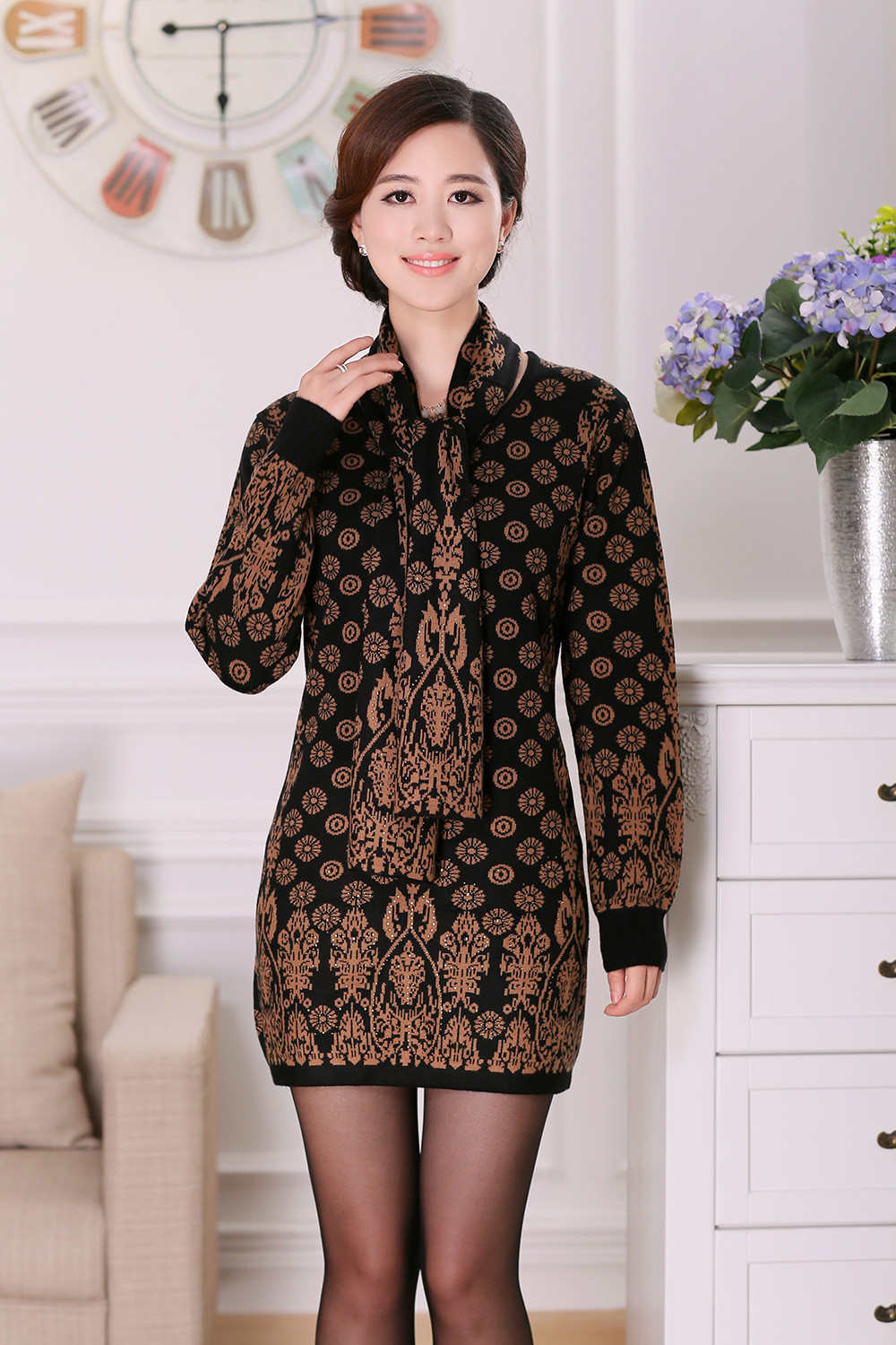 批发 2013秋装新品<em>女士中</em>老年修身长袖连衣短