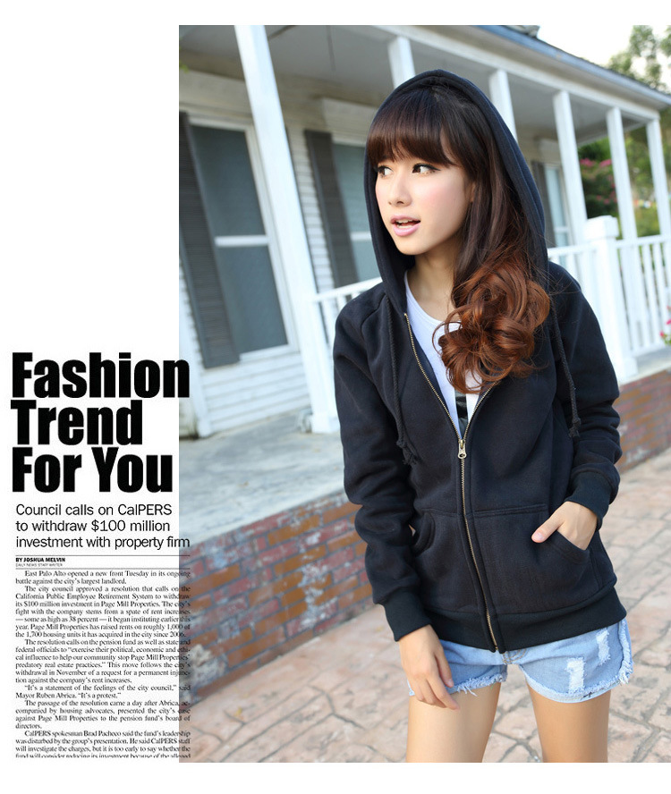 韩版秋装新款可爱拉链<em>女式开衫</em> 抓绒带帽<em>卫衣</em>