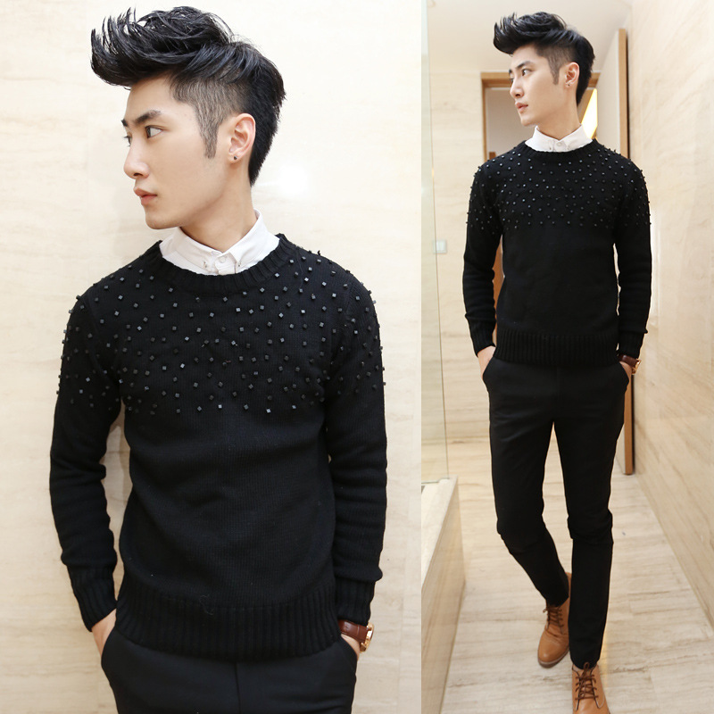 2013冬装新款纯色<em>针织</em>衫<em>男圆领</em>百搭修身男士