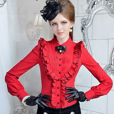 春秋新款女裝大紅色百褶襯衣 修身OL荷葉邊長袖襯衫 免運費