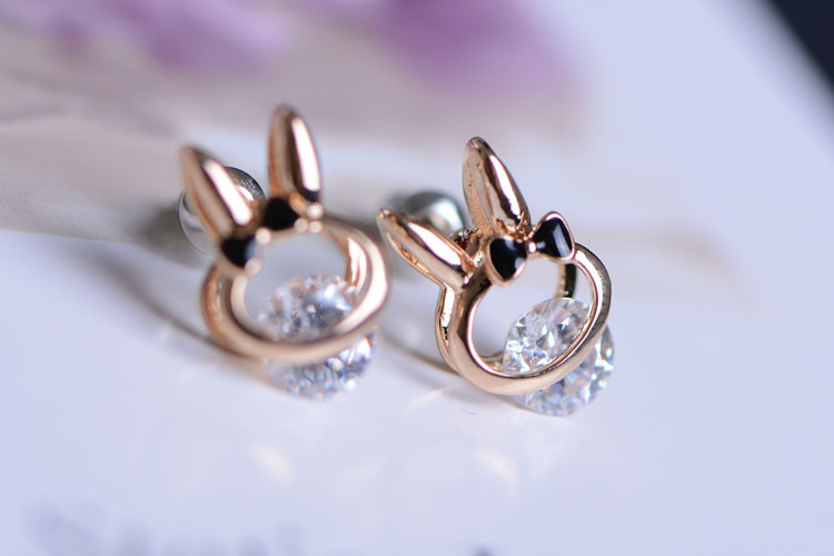 批发采购耳饰-韩国时尚 镀金锆石可爱兔子耳环