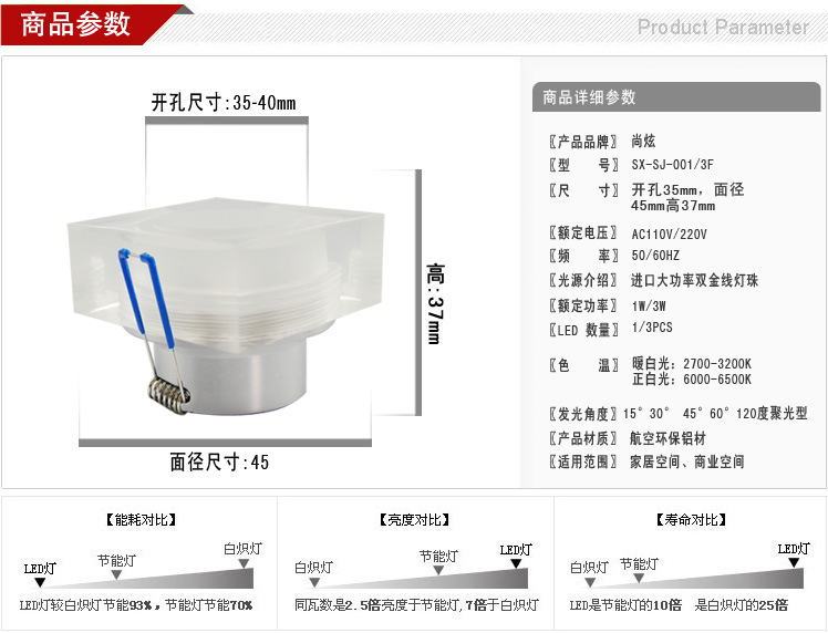 方形1W水晶天花灯详细参数