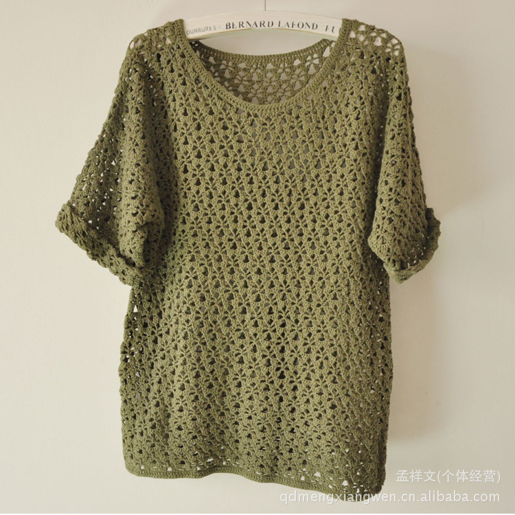 欧美单棉线手工编织镂空短袖毛衣hm尾单优质清新绿色百搭