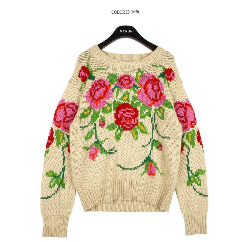 【2013秋装新款 大花朵<em>图案</em>加厚<em>女毛衣</em> 宽松冬