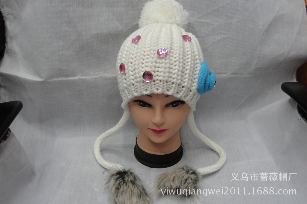 韩版可爱秋冬儿童毛球针织帽子 烫钻针织护耳