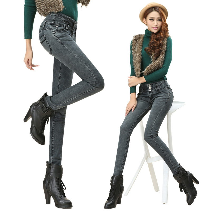 实拍新款韩版排扣高腰<em>牛仔裤女</em>长裤显瘦<em>小脚裤</em>