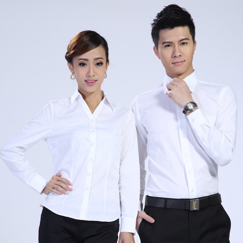 厂家直销 职业装白<em>衬衫男女</em>长袖纯色斜纹<em>衬衣</em>