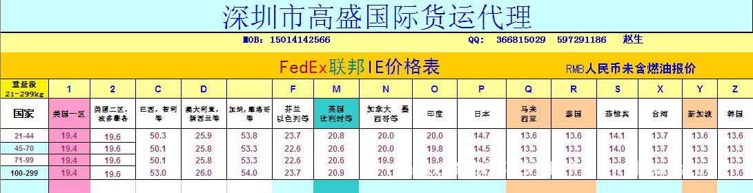 深圳高盛国际货运   联邦报价表1