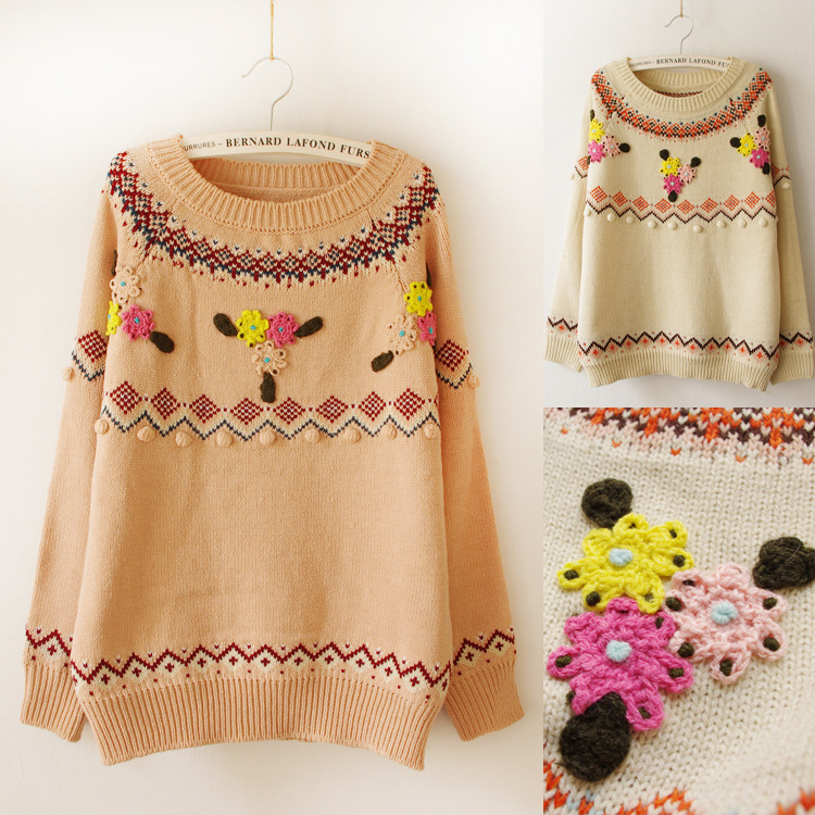 新款 森女系 领口提花<em>手工</em>立体<em>绣花毛衣</em> hm01