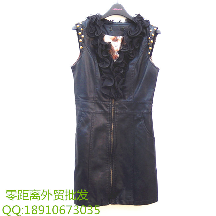 【2013外贸原单木耳领花边<em>拼接式</em>PU<em>马甲</em>连衣