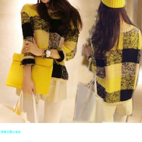 季新款复古色格子圆领复古宽松圆领<em>毛衣毛衫</em> 