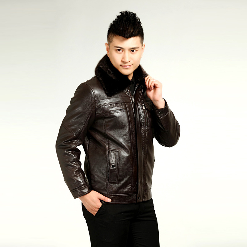 冬款男款水洗<em>皮夹克外套</em> <em>中年男士</em>休闲毛领皮