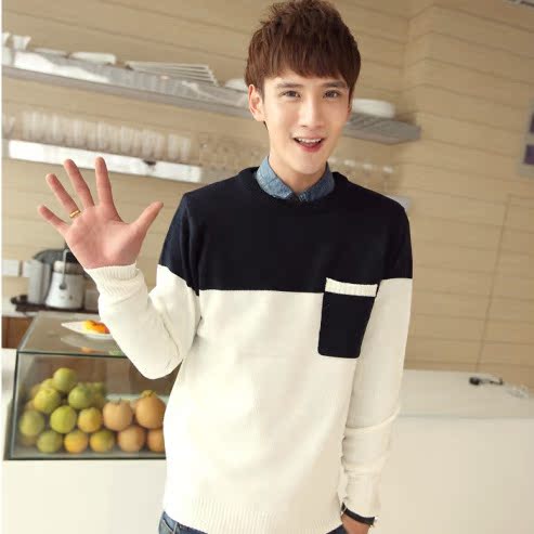 冬装潮男英伦男士<em>毛衣</em>男式<em>针织衫</em>个性撞色拼接