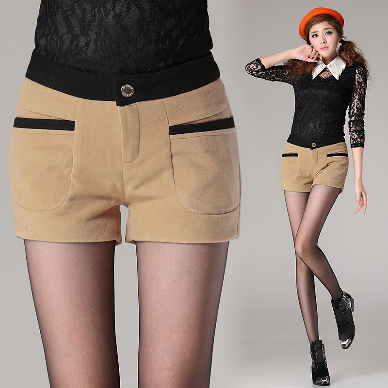 <em>秋冬</em>新品 特色拼接 毛呢<em>短裤靴裤</em> 修身甜美<em>短裤</em>