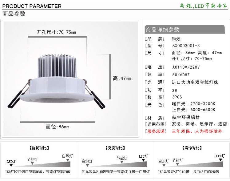 led 3W白色天花灯参数