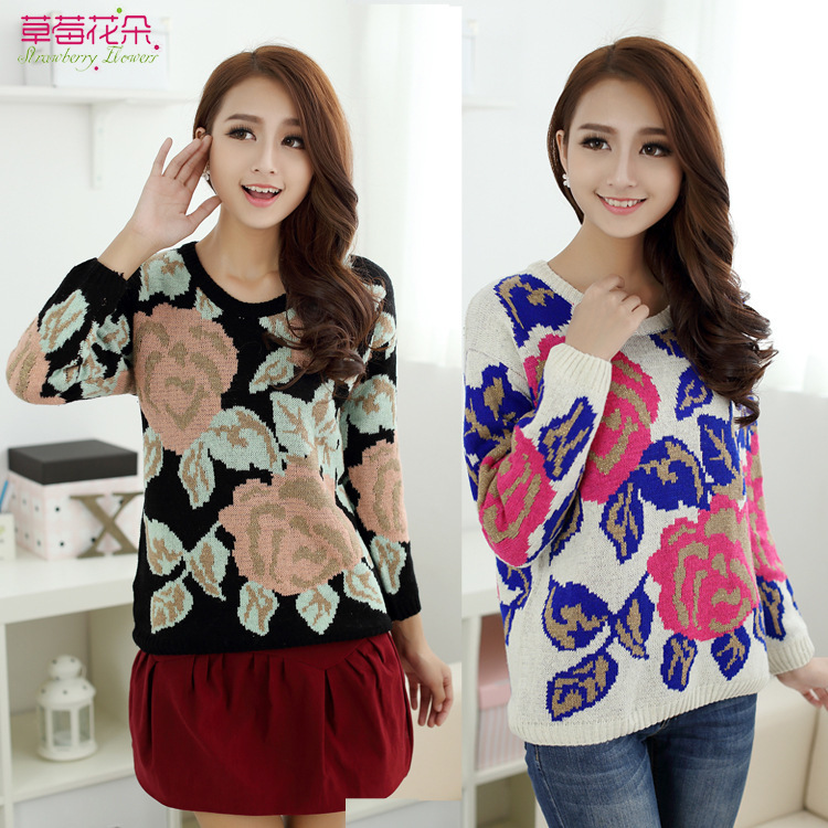 2013秋冬<em>女装</em> 韩版宽松加厚大玫瑰花图案圆领