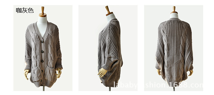 【<em>韩版</em> 麻花<em>粗毛线</em>蝙蝠袖宽松<em>开衫</em>加厚大毛衣