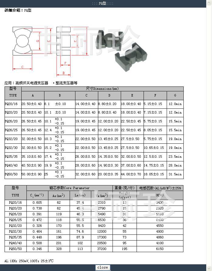pq系列的磁芯参数表