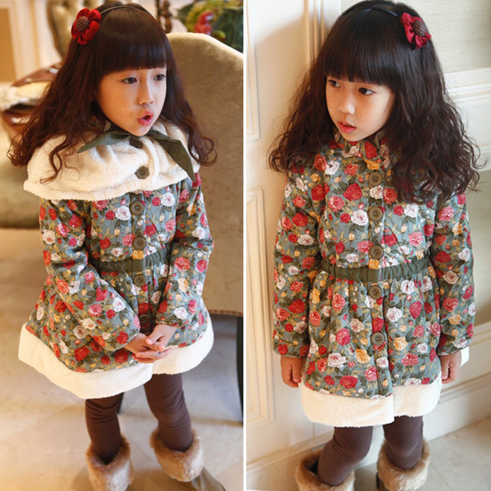 2013冬季新品 浪漫玫瑰花<em>女童单</em>排扣棉衣<em>外套</em>