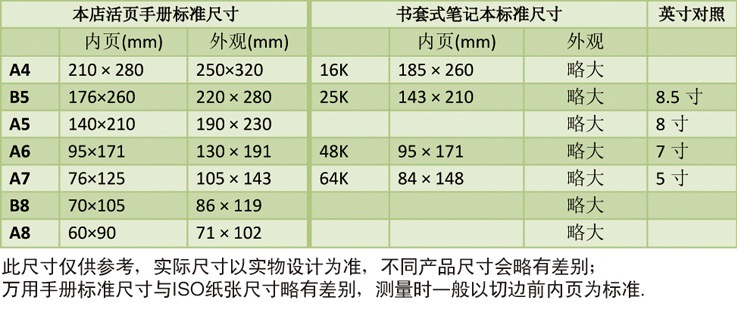 记事本尺寸表