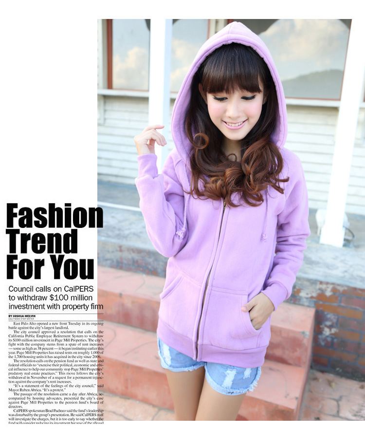 韩版秋装新款可爱拉链<em>女式开衫</em> 抓绒带帽<em>卫衣</em>