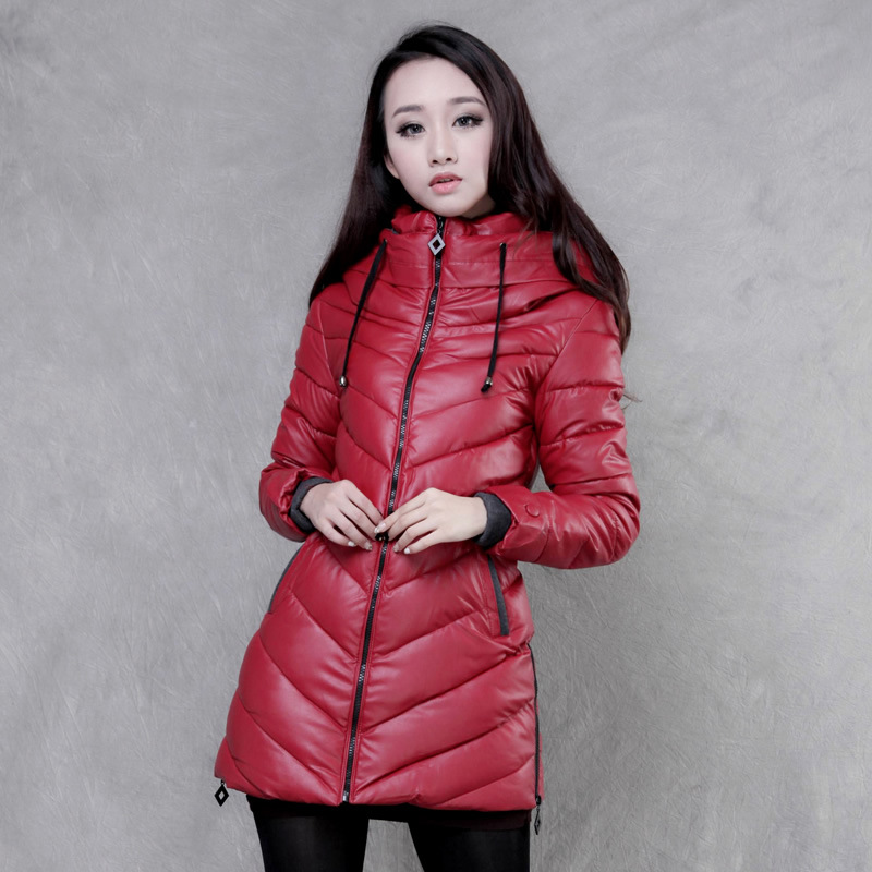 2013冬季女装新款大码韩版中长款棉衣 PU皮加