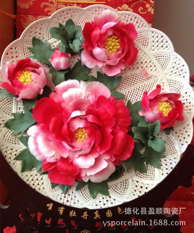 供应花盘 手工编制洛阳红牡丹花盘 粉红色牡丹花盘 陶瓷花盘批发
