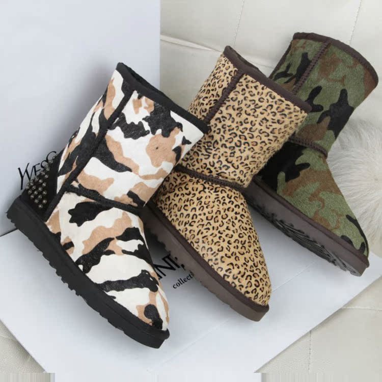 <em>UGG</em>新款马毛迷彩雪地靴豹纹<em>女鞋</em> 保暖女靴 招
