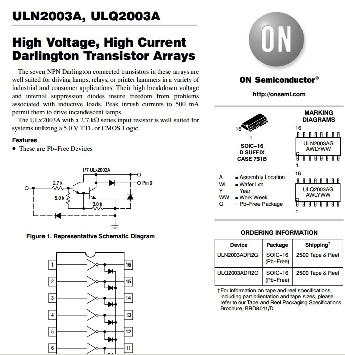 uln2003引脚,uln2003引脚图 代理直销 mos管 场效应管 集成ic 原装进口 on uln2003adr2g