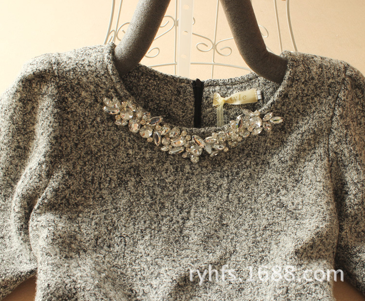 批发采购连衣裙-秋冬女装韩版圆领短袖腰穿绳