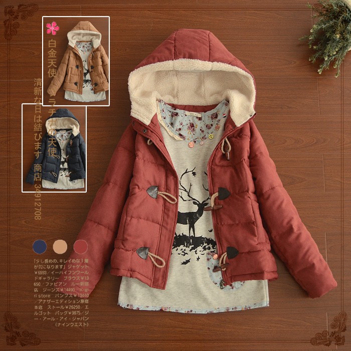 批发采购女式棉衣-日系森女系牛角扣短款小棉