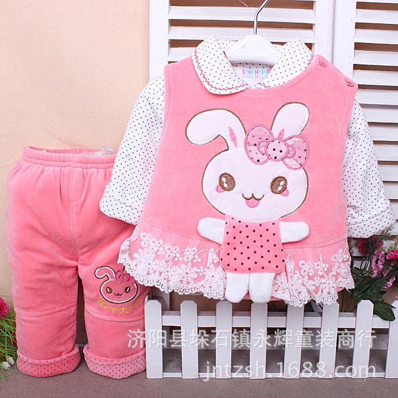 新款童套装批发 天鹅绒<em>宝宝</em>薄棉<em>马甲</em>三件套 小